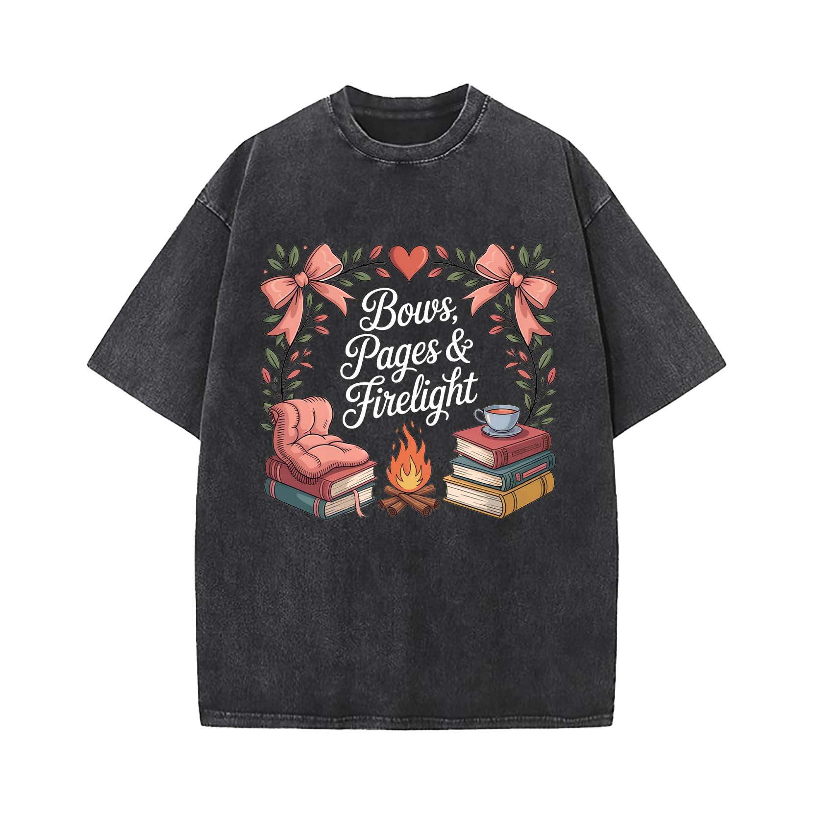 Cozy Bookish Campfire: Bows, Pages & Firelight T-shirt