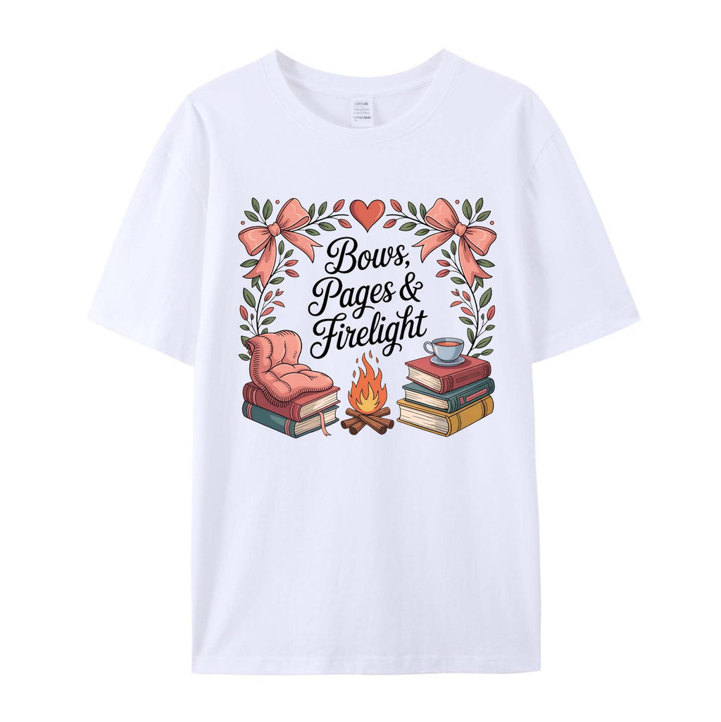 Cozy Bookish Campfire: Bows, Pages & Firelight cotton T-Shirt