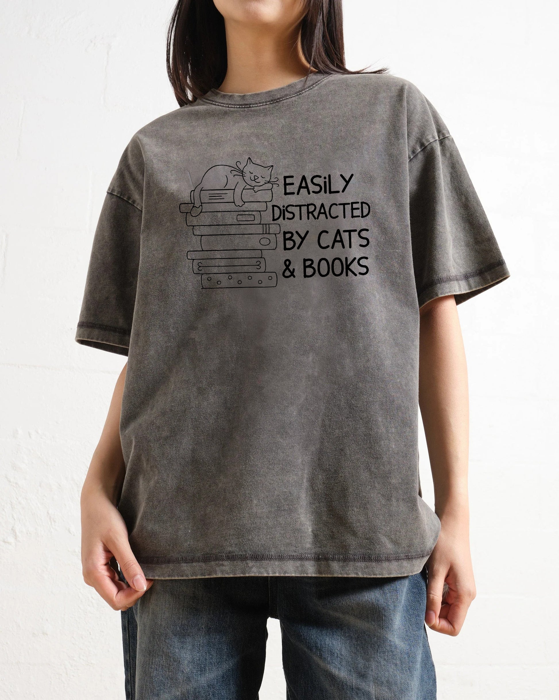 Easily Distracted By Cats And Books Washed T-Shirt