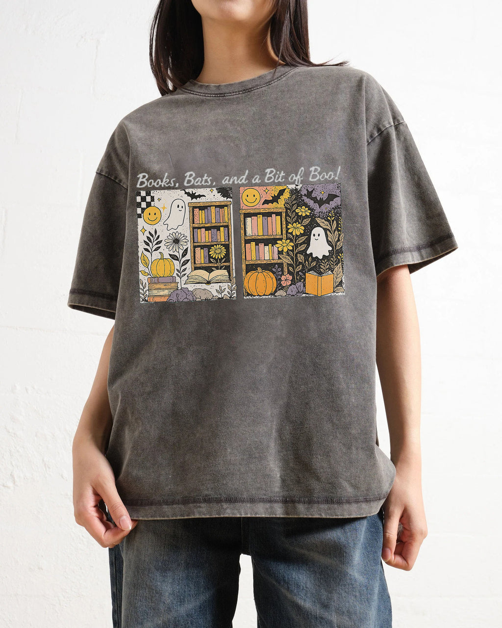 Halloween Books Bats Boo Washed T-Shirt