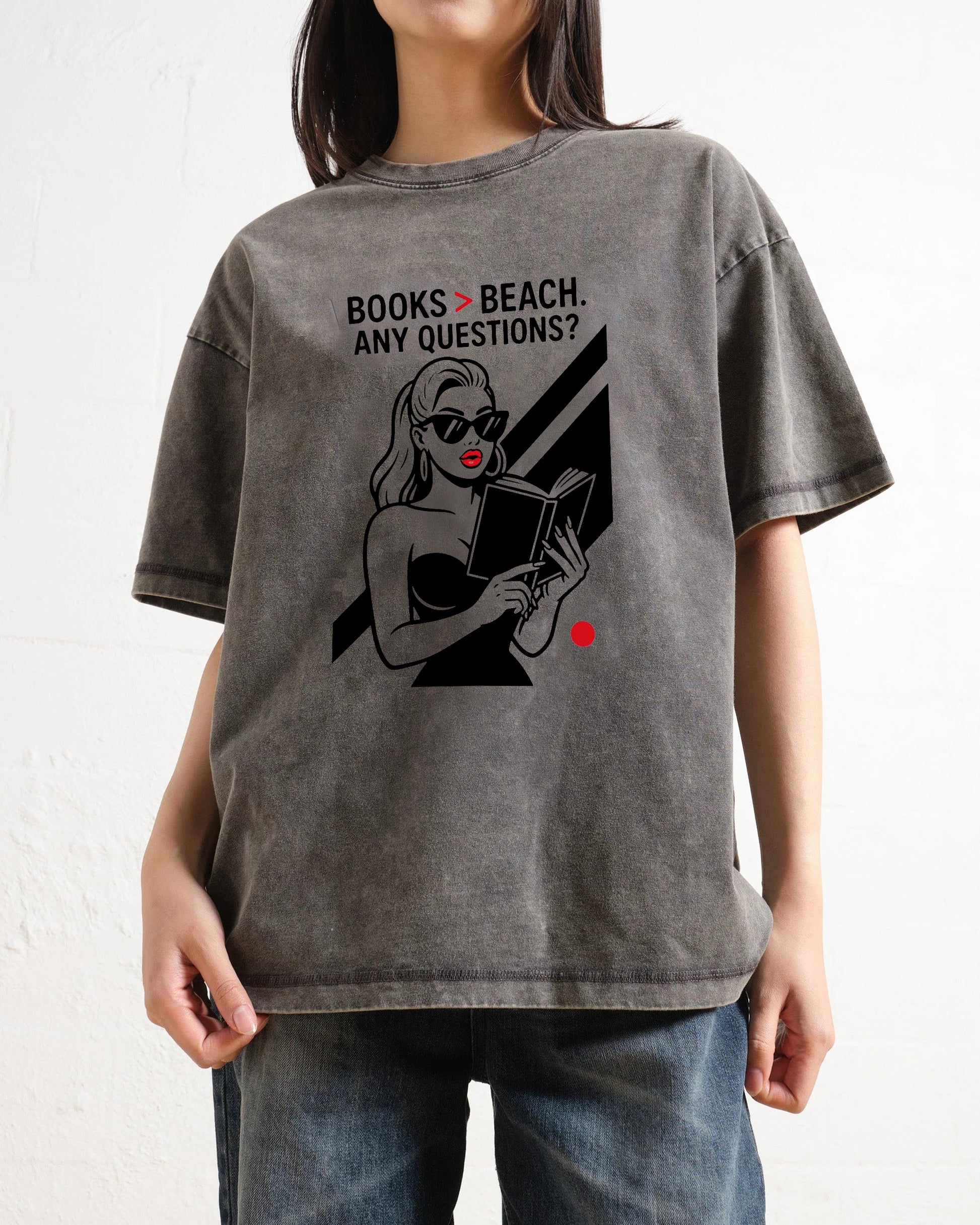 Books Over Beach Funny Reading Girl Washed T-Shirt