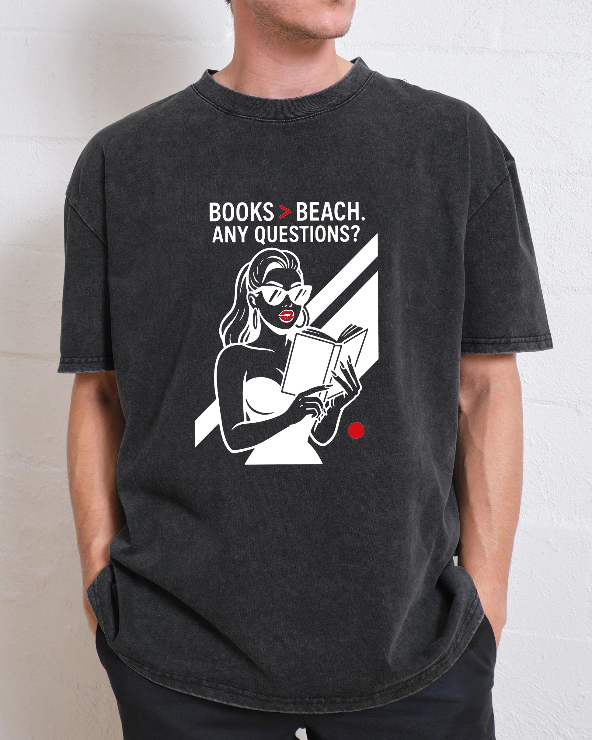 Books Over Beach Funny Reading Girl Washed T-Shirt