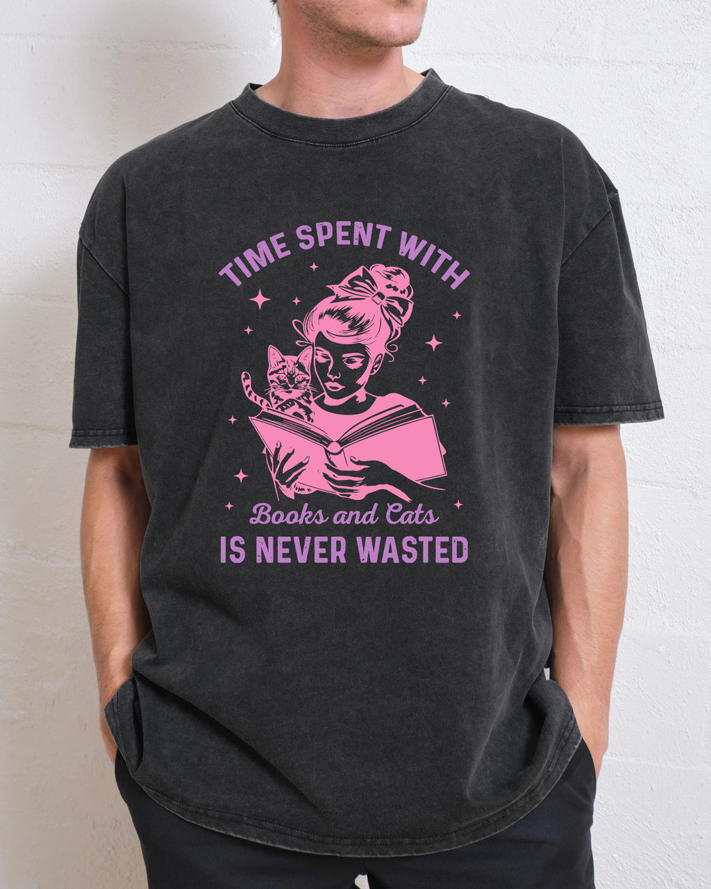 Time Spent With Cats and Books is Never Wasted Washed T-Shirt