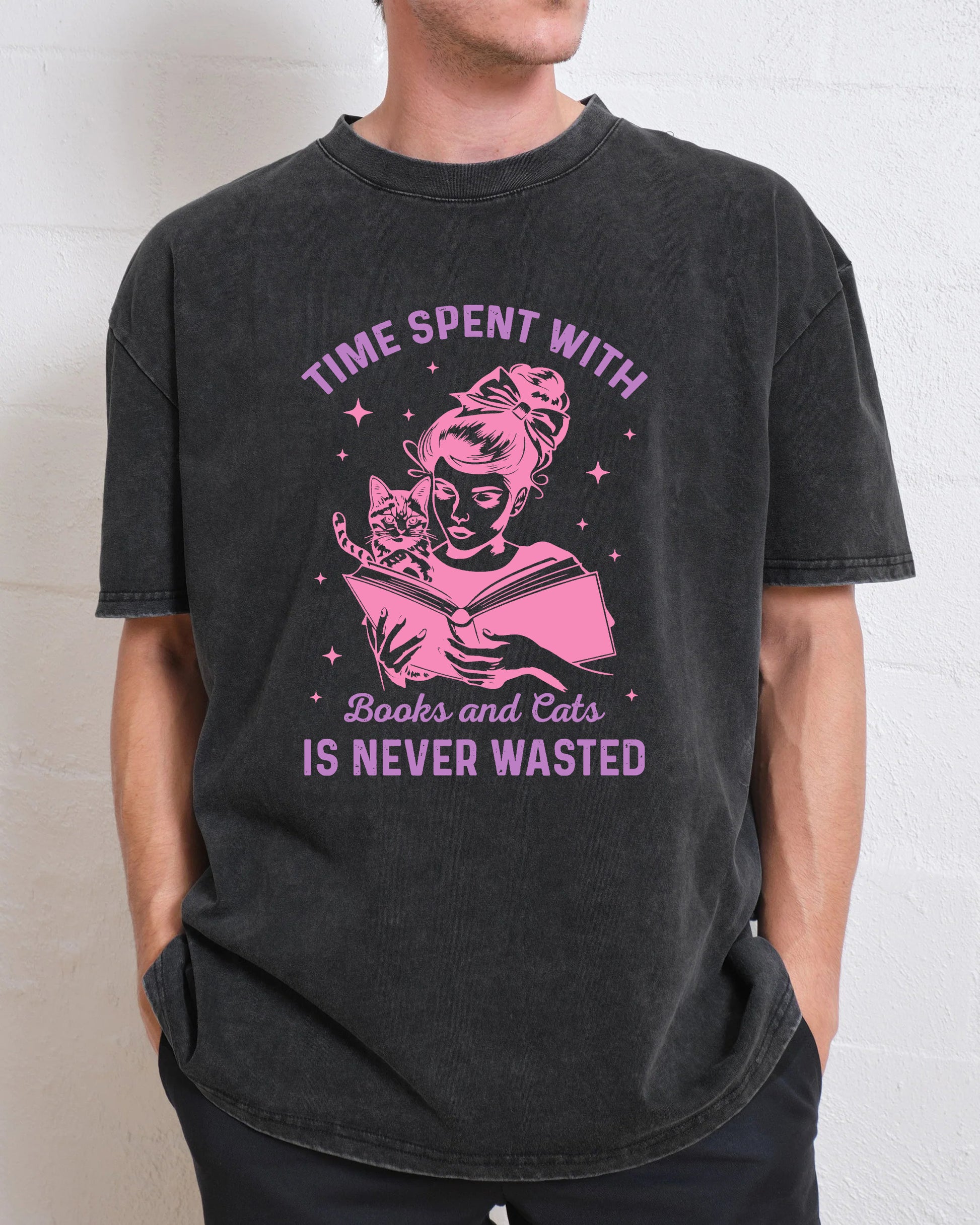 Time Spent With Cats and Books is Never Wasted Washed T-Shirt