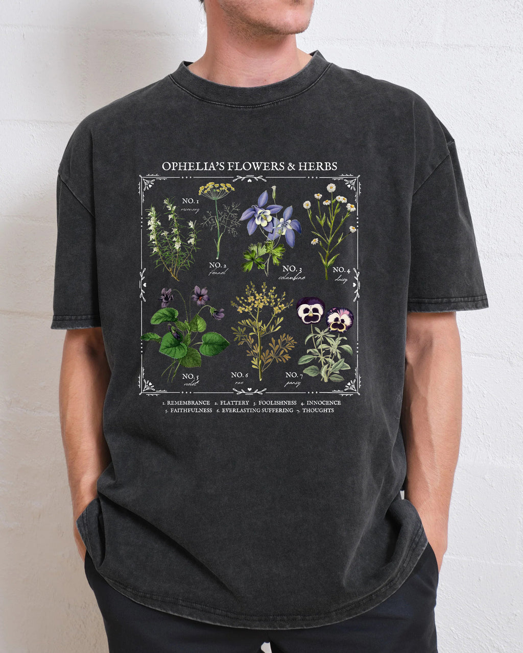 Shakespeare Ophelia Flower Chart Herbology Washed T-Shirt