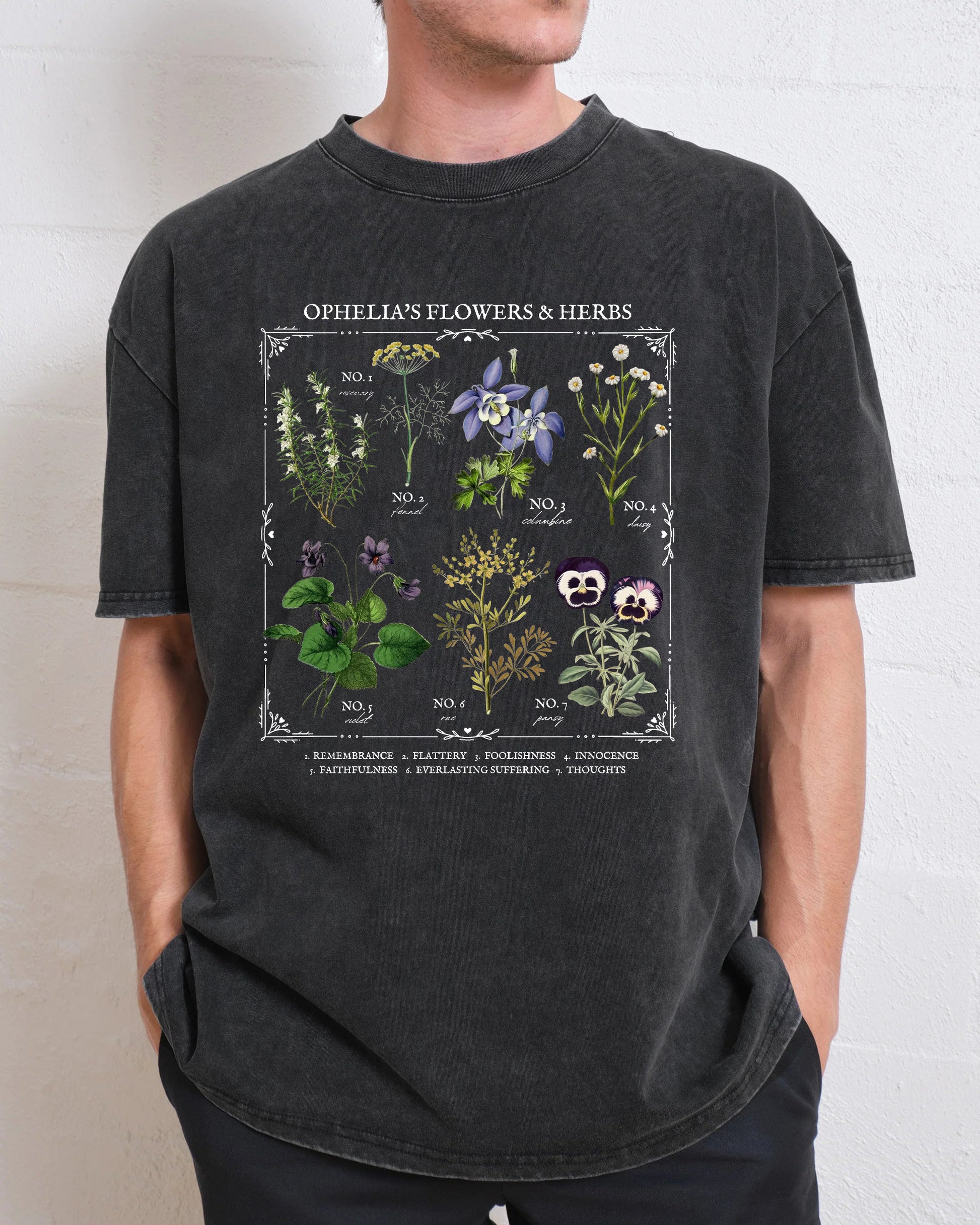 Shakespeare Ophelia Flower Chart Herbology Washed T-Shirt