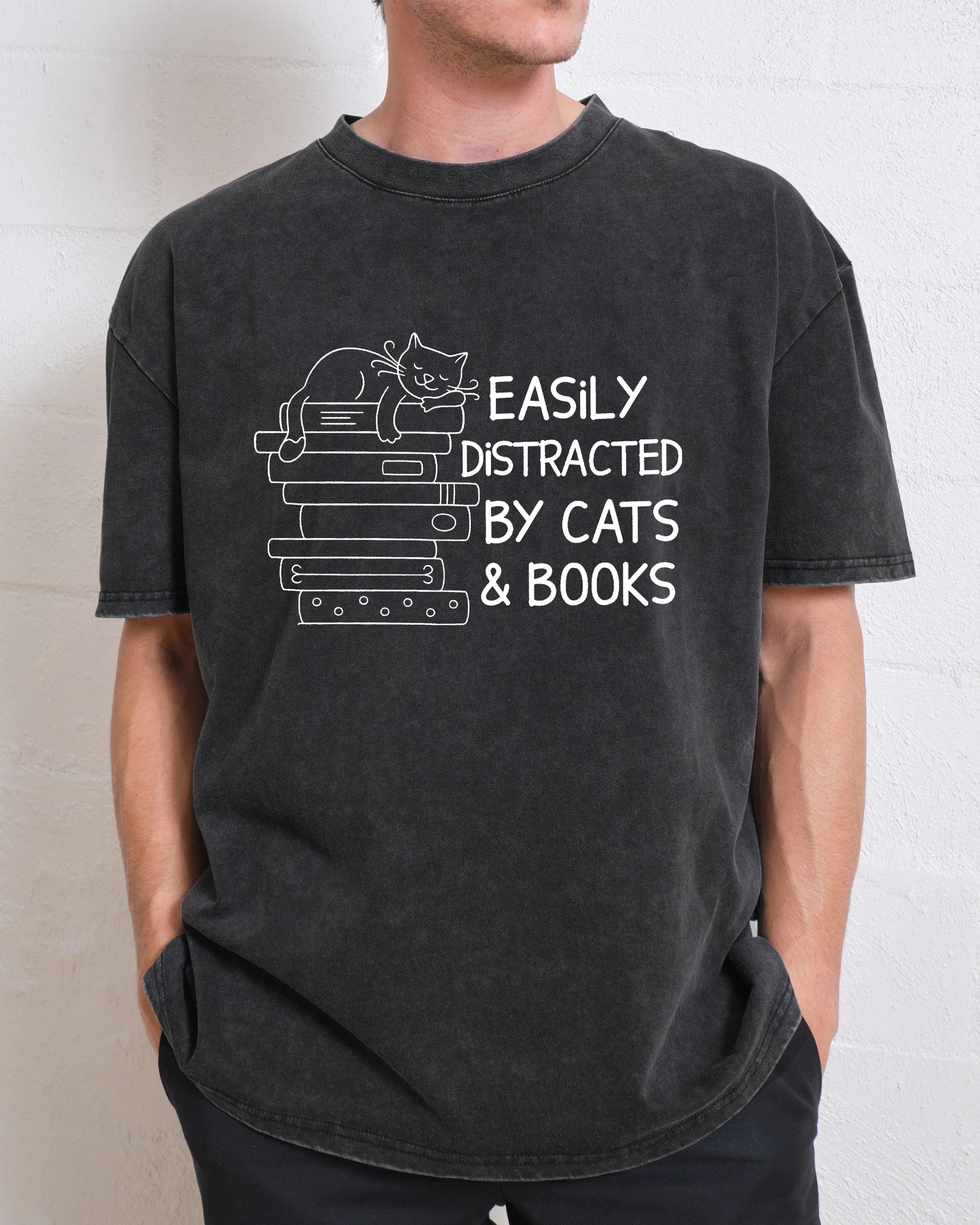 Easily Distracted By Cats And Books Washed T-Shirt