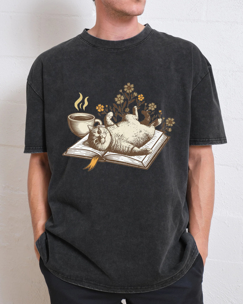 Cozy Book Cat Washed T-Shirt