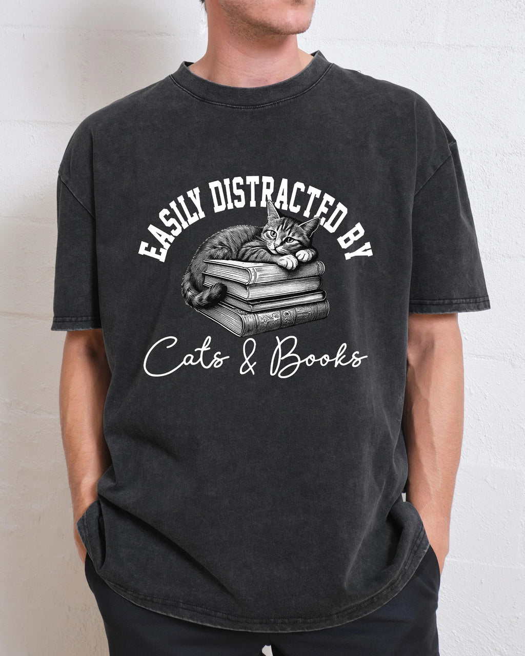 Easily Distracted By Cats and Books Washed T-Shirt