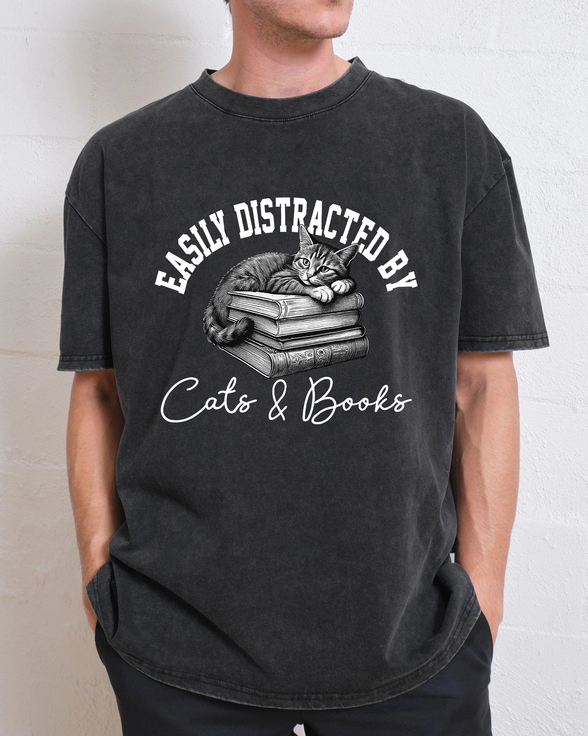 Easily Distracted By Cats and Books Washed T-Shirt
