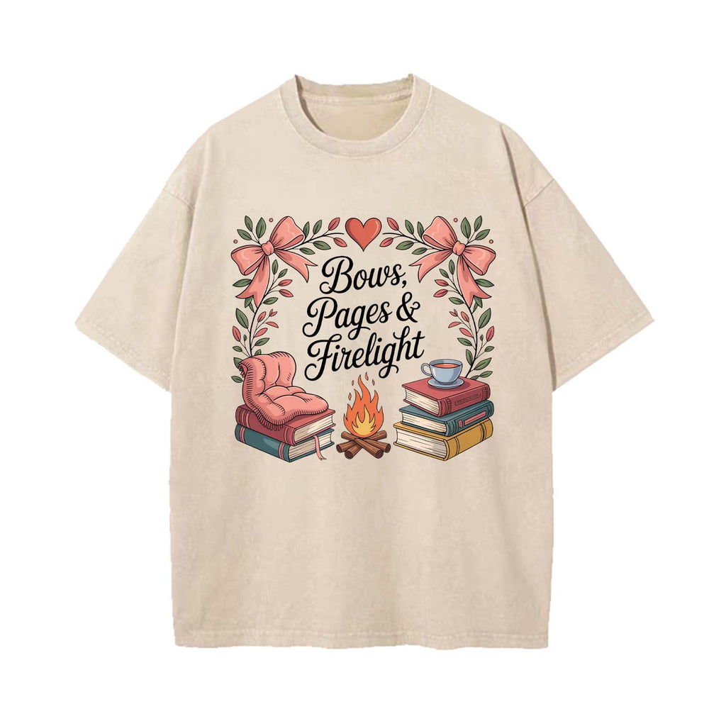Cozy Bookish Campfire: Bows, Pages & Firelight T-shirt
