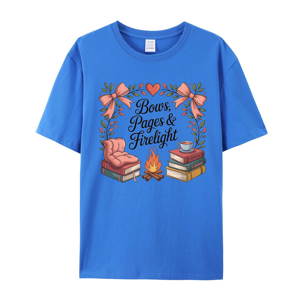 Cozy Bookish Campfire: Bows, Pages & Firelight cotton T-Shirt