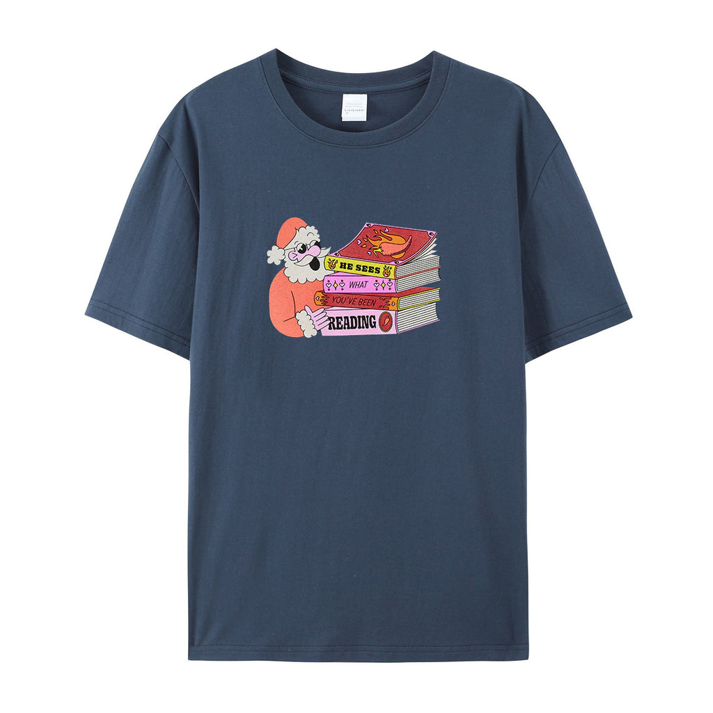 Santa: He Sees What You've Been Reading cotton T-shirts