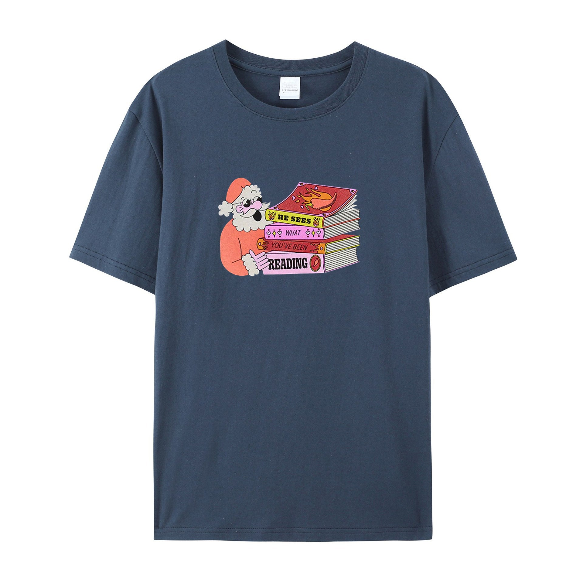 Santa: He Sees What You've Been Reading cotton T-shirts