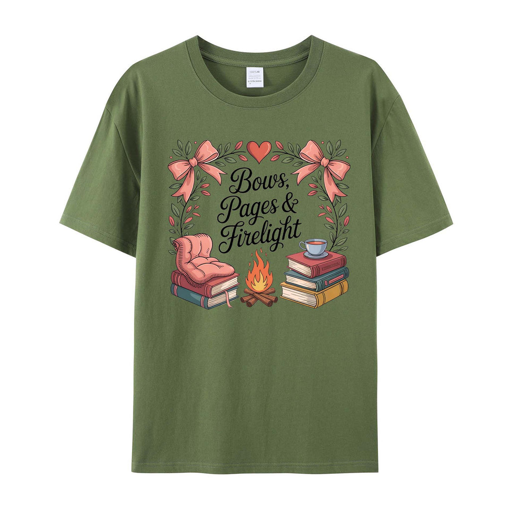 Cozy Bookish Campfire: Bows, Pages & Firelight cotton T-Shirt