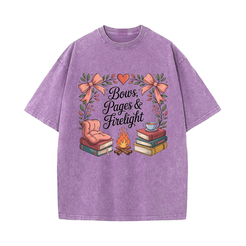 Cozy Bookish Campfire: Bows, Pages & Firelight T-shirt