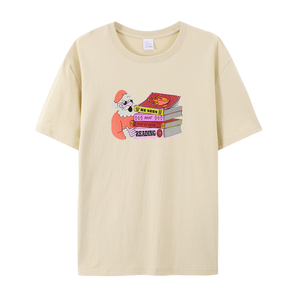 Santa: He Sees What You've Been Reading cotton T-shirts