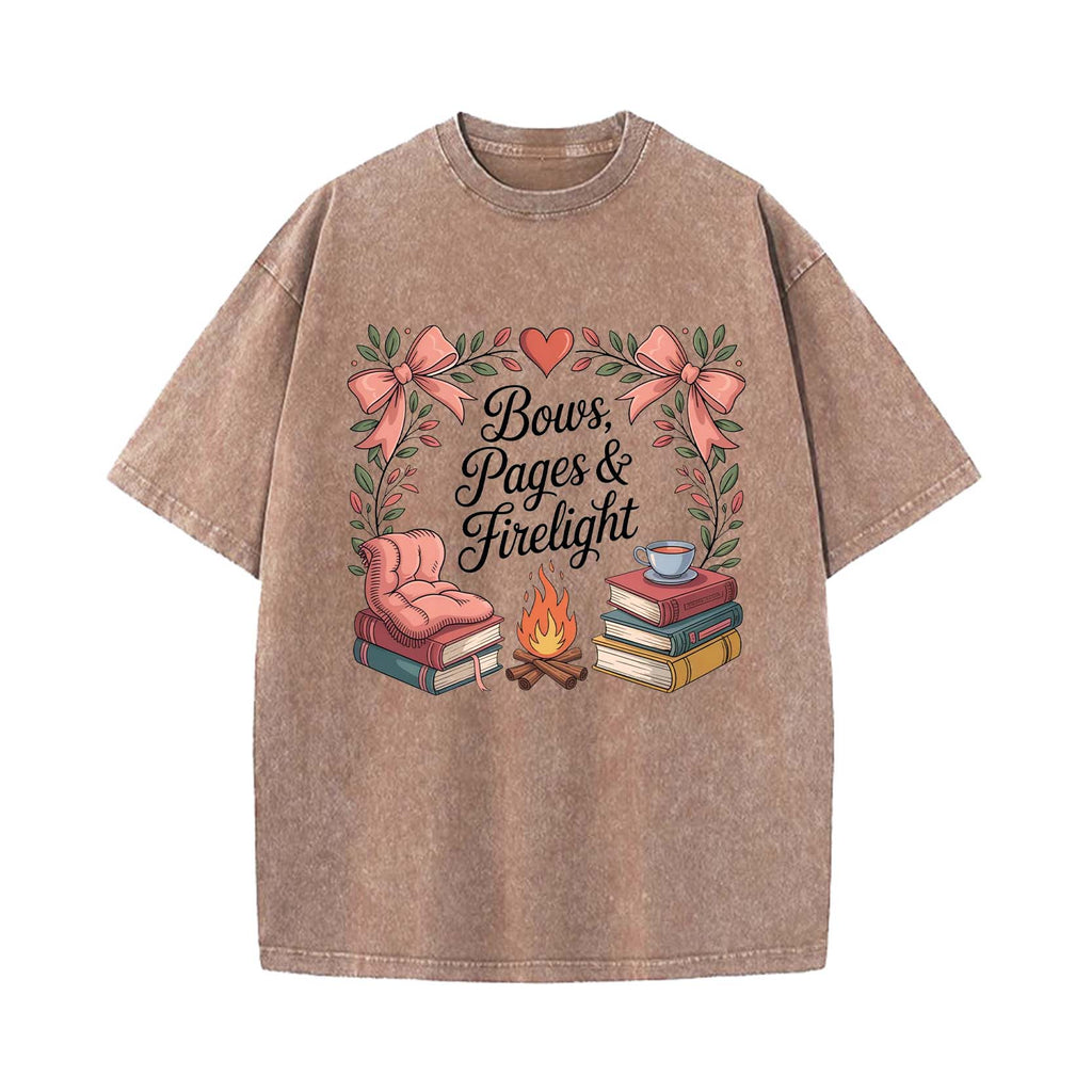 Cozy Bookish Campfire: Bows, Pages & Firelight T-shirt