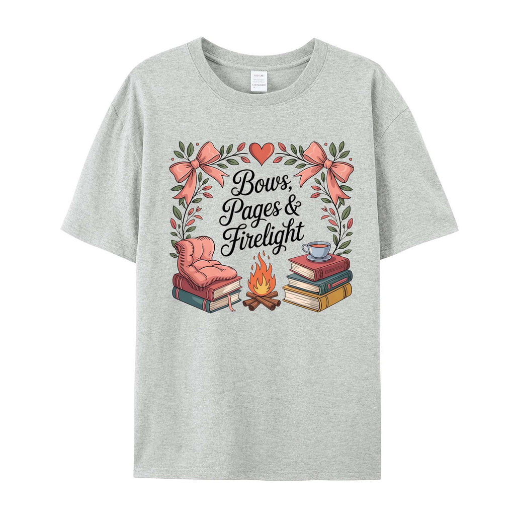 Cozy Bookish Campfire: Bows, Pages & Firelight cotton T-Shirt