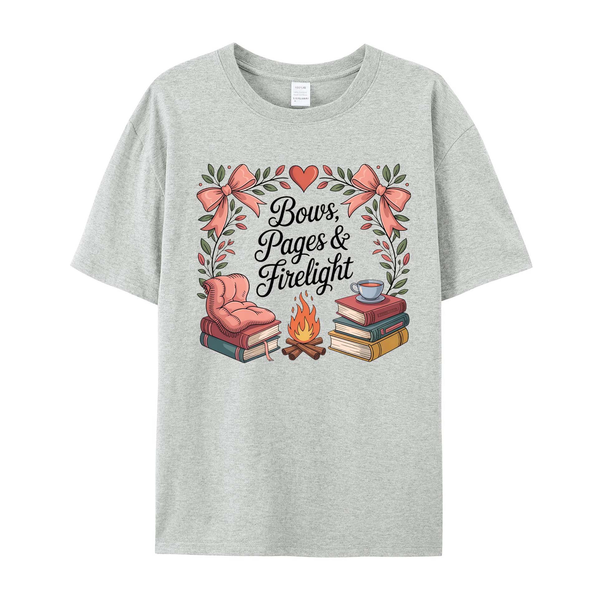 Cozy Bookish Campfire: Bows, Pages & Firelight cotton T-Shirt