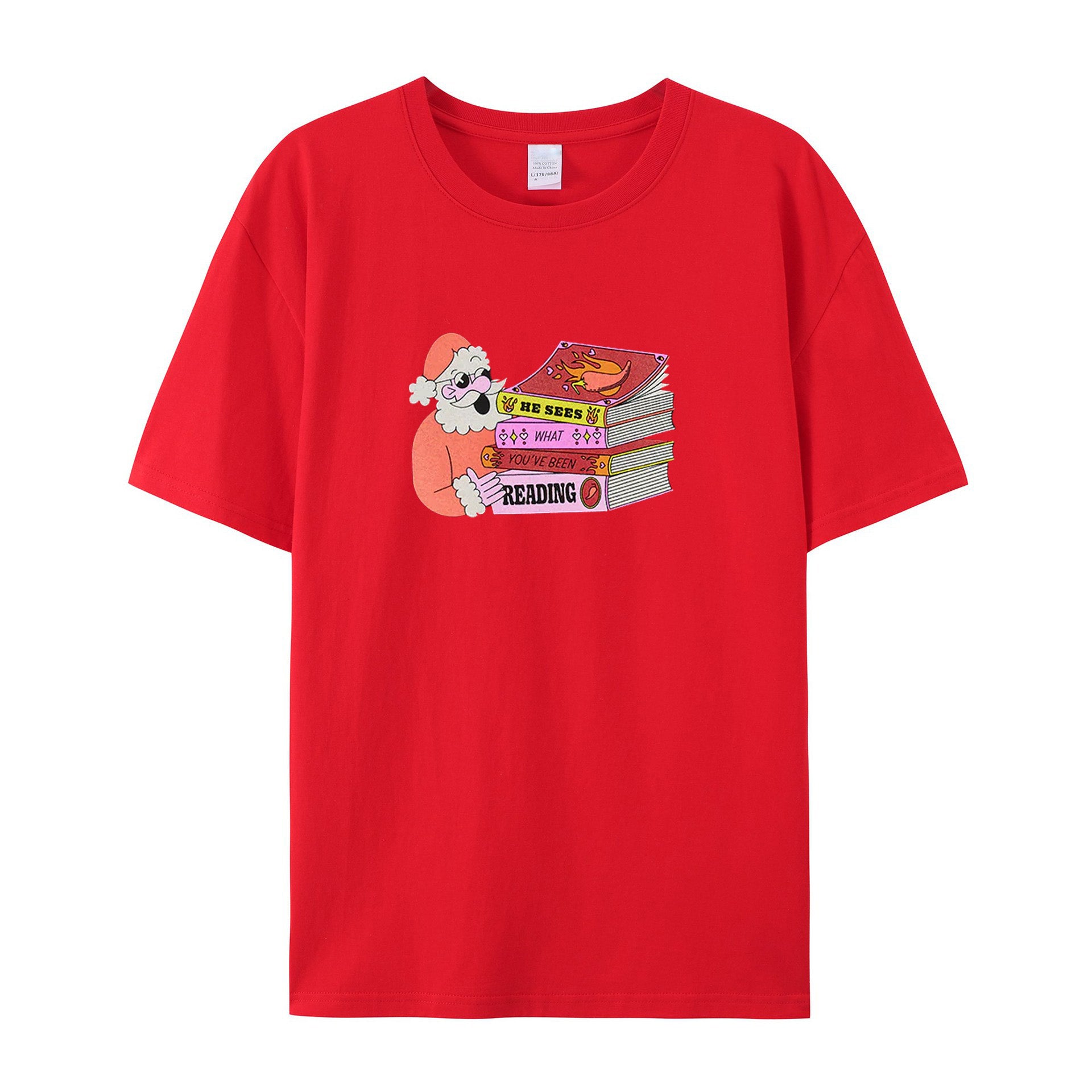 Santa: He Sees What You've Been Reading cotton T-shirts