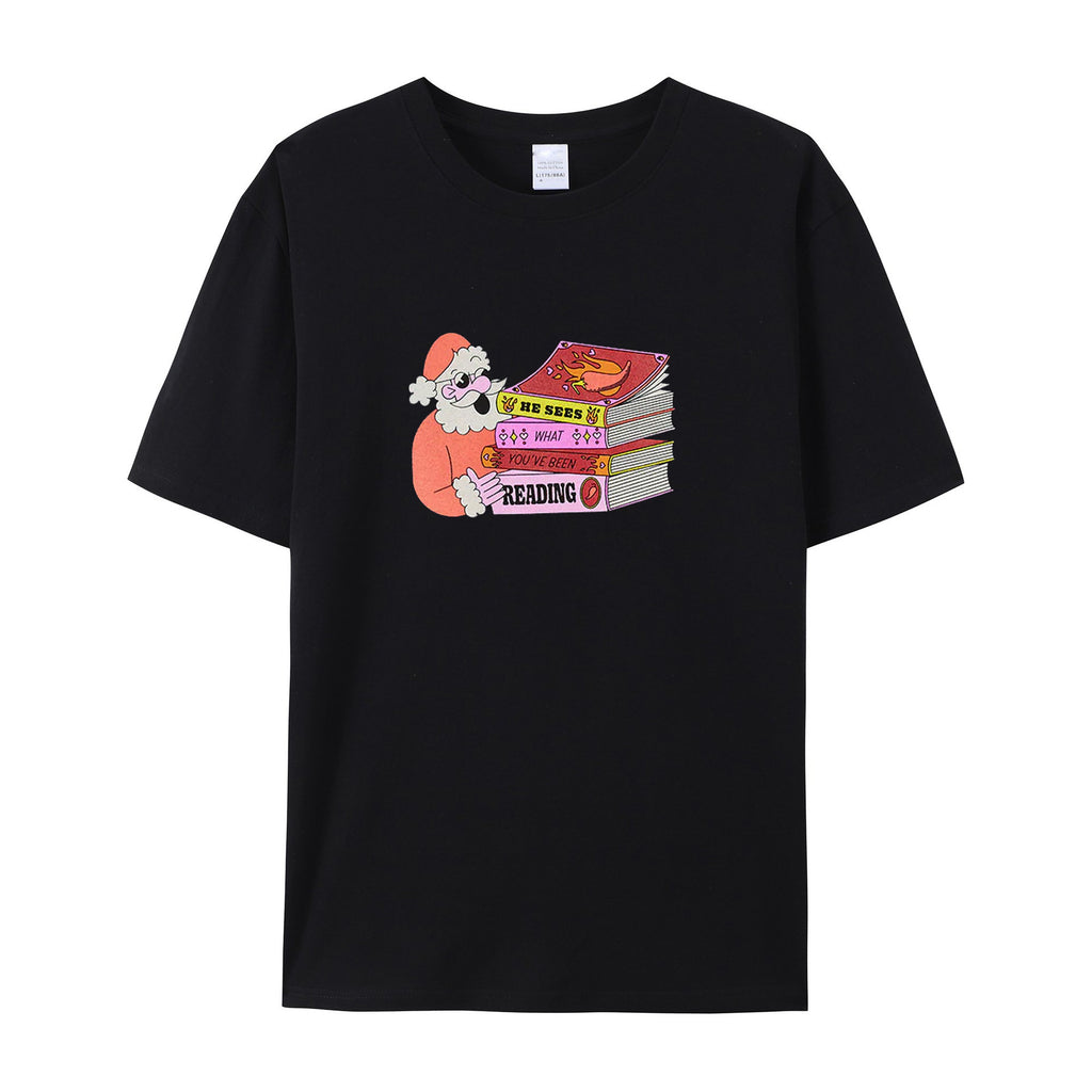 Santa: He Sees What You've Been Reading cotton T-shirts