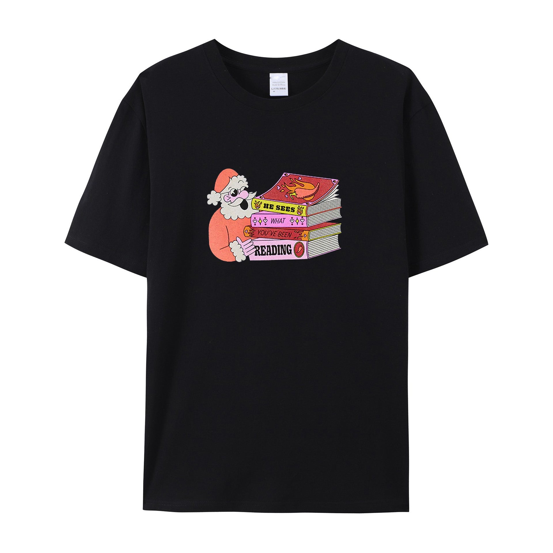 Santa: He Sees What You've Been Reading cotton T-shirts