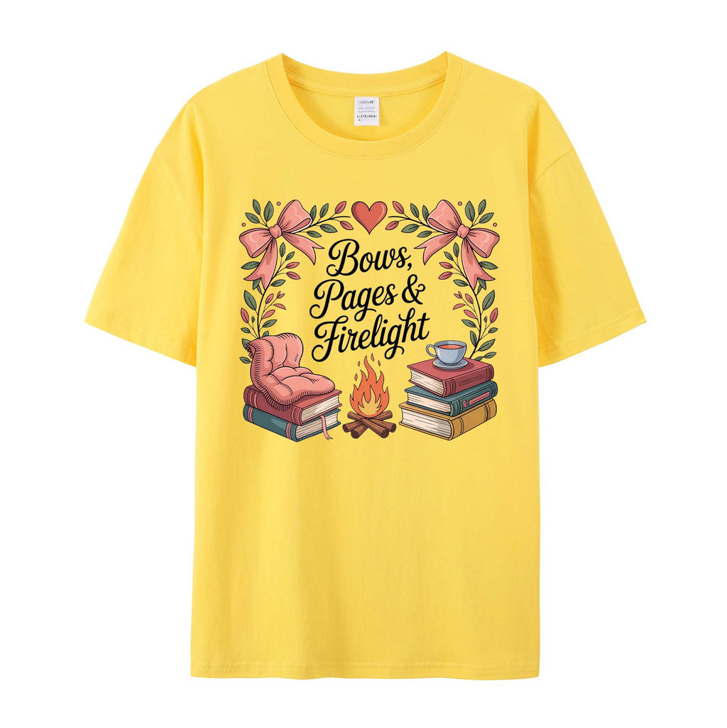 Cozy Bookish Campfire: Bows, Pages & Firelight cotton T-Shirt