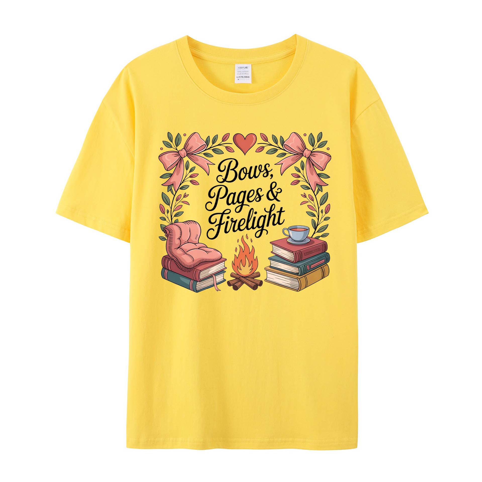 Cozy Bookish Campfire: Bows, Pages & Firelight cotton T-Shirt