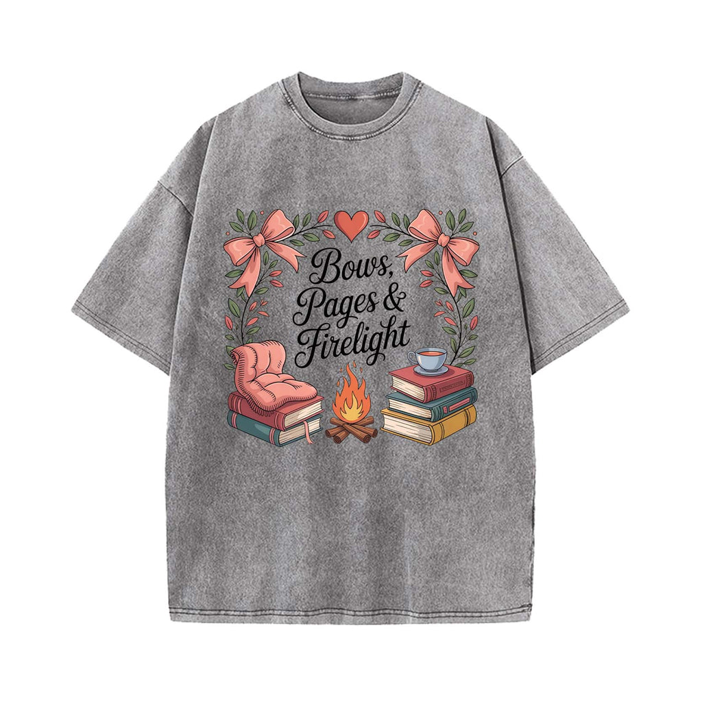 Cozy Bookish Campfire: Bows, Pages & Firelight T-shirt