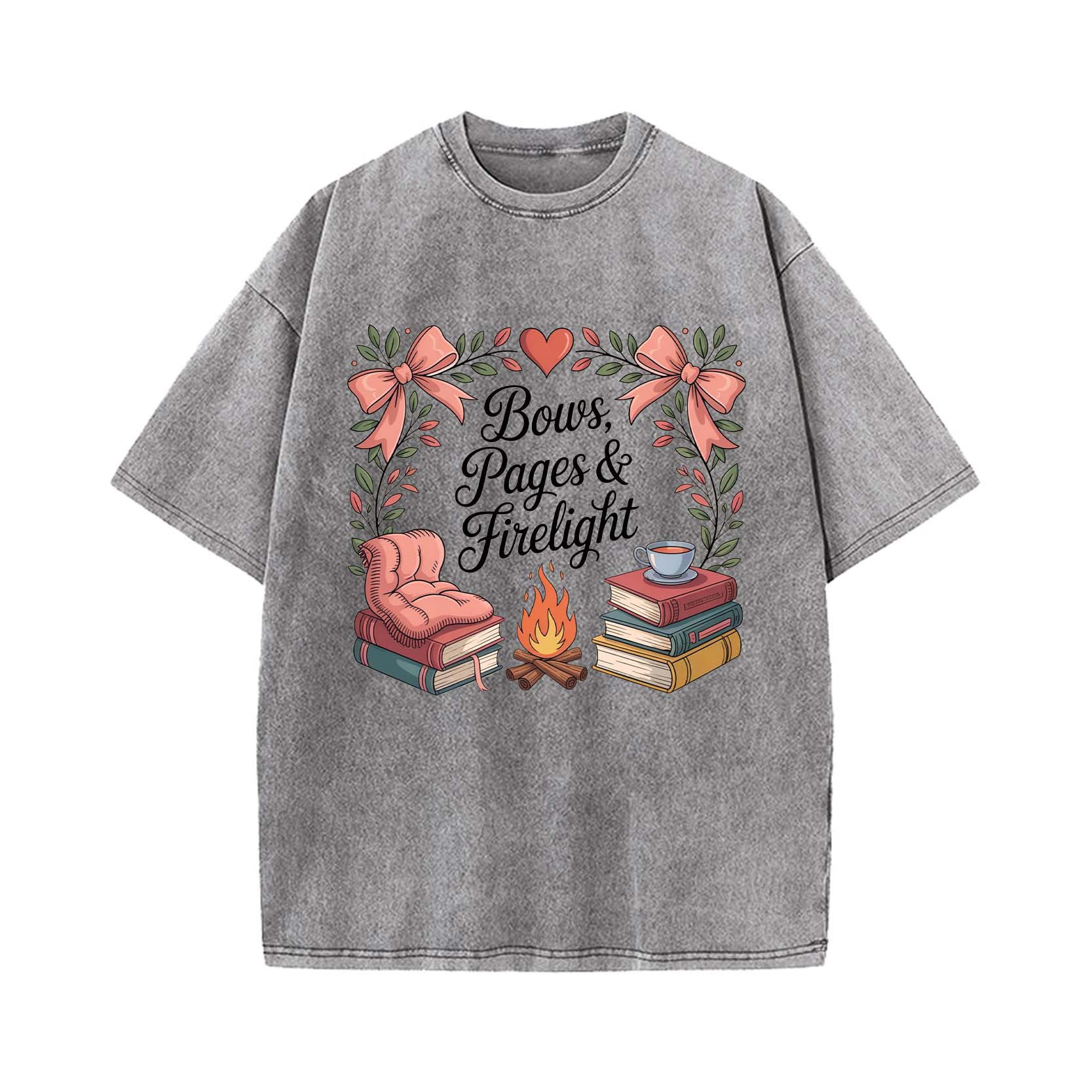 Cozy Bookish Campfire: Bows, Pages & Firelight T-shirt