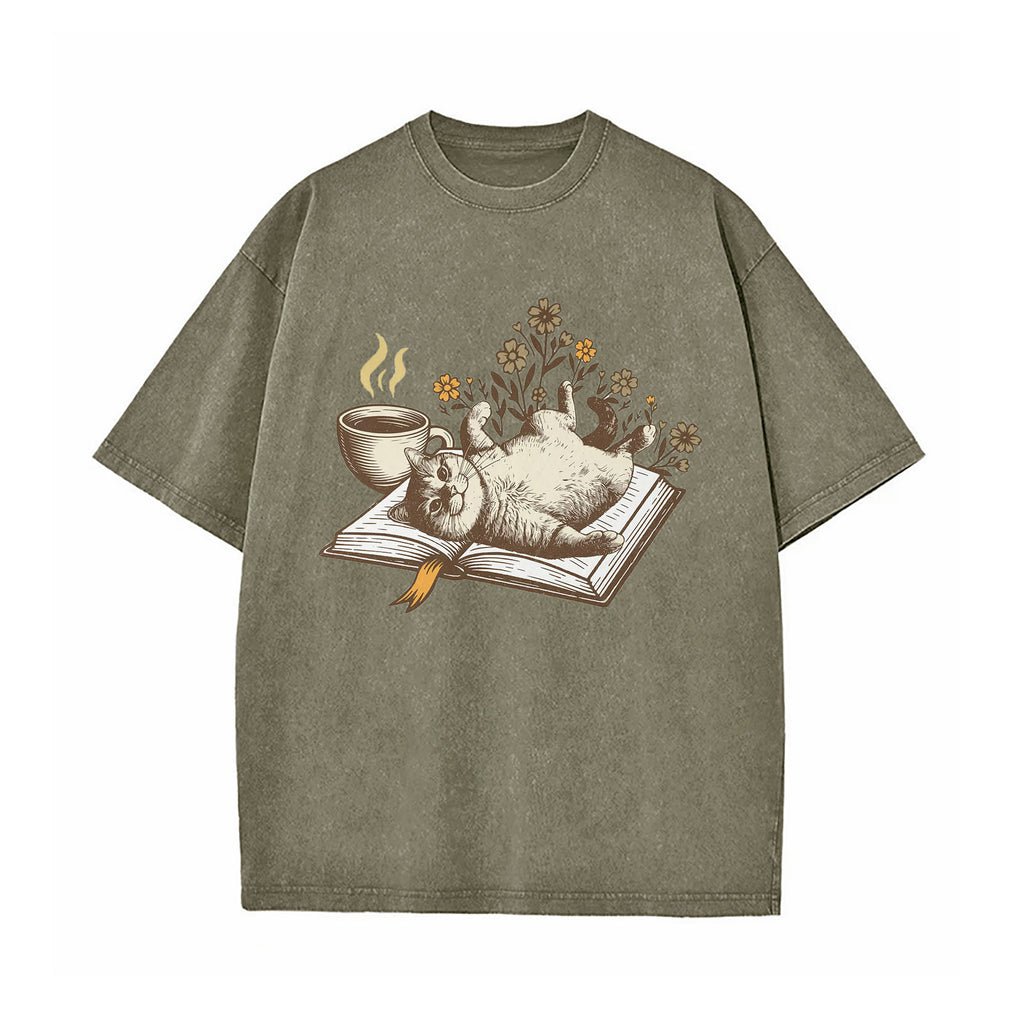 Cozy Book Cat Washed T-Shirt