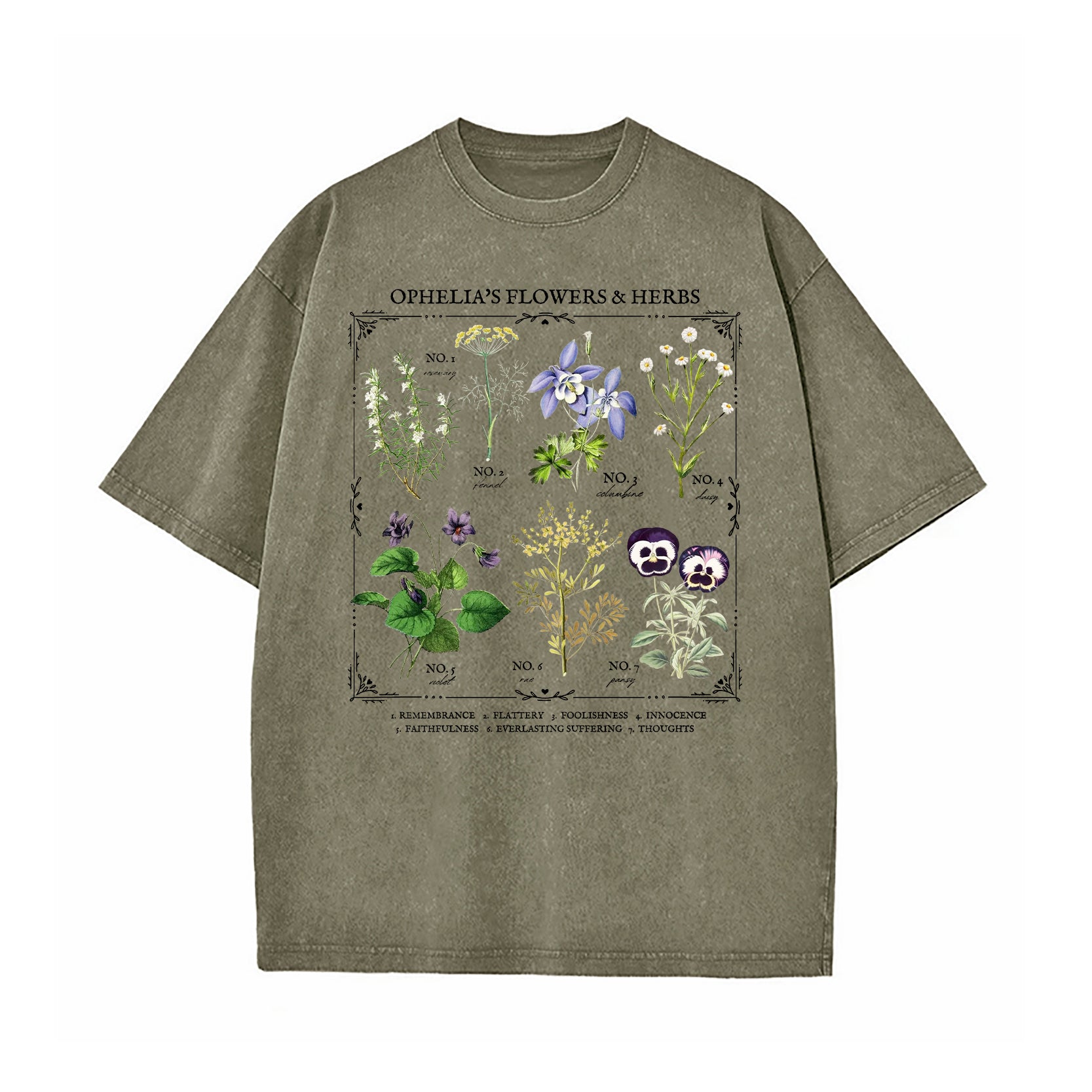 Shakespeare Ophelia Flower Chart Herbology Washed T-Shirt