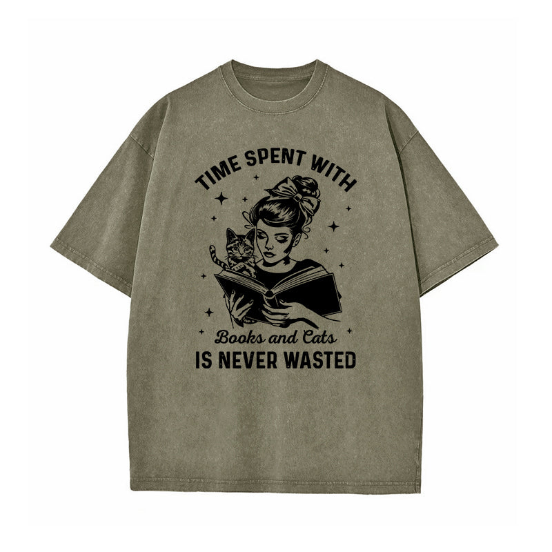 Time Spent With Cats and Books is Never Wasted Washed T-Shirt