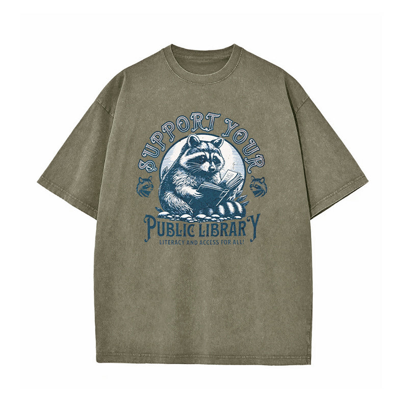 Support Your Public Library Raccoon Washed T-Shirt