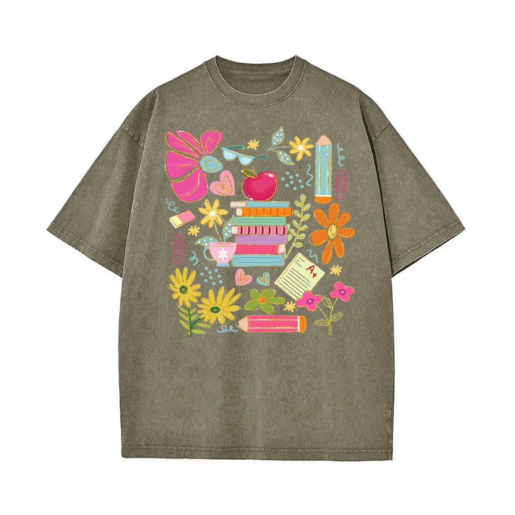 Teacher Book Lover Botanical Washed T-Shirt