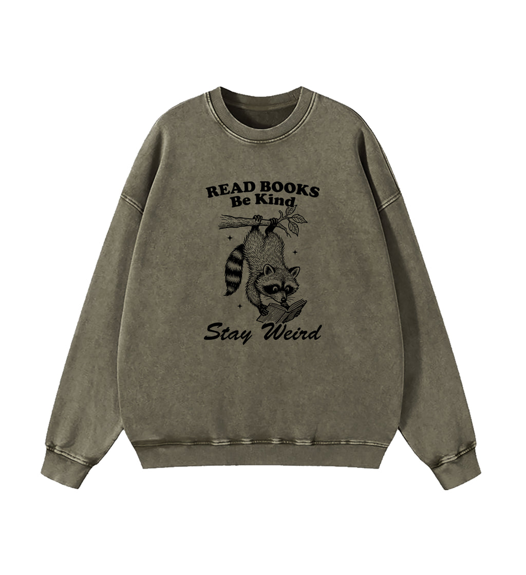 Read Books Be kind Stay Weird Raccoon Washed Sweatshirt