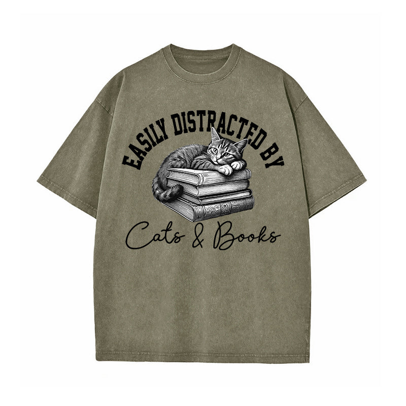 Easily Distracted By Cats and Books Washed T-Shirt