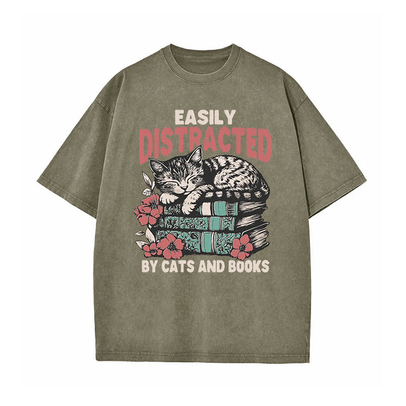 Easily Distracted by Cats and Books Washed T-Shirt