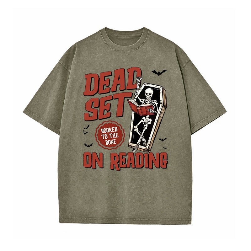 Dead Set On Reading Booked To The Bone Halloween Washed T-Shirt