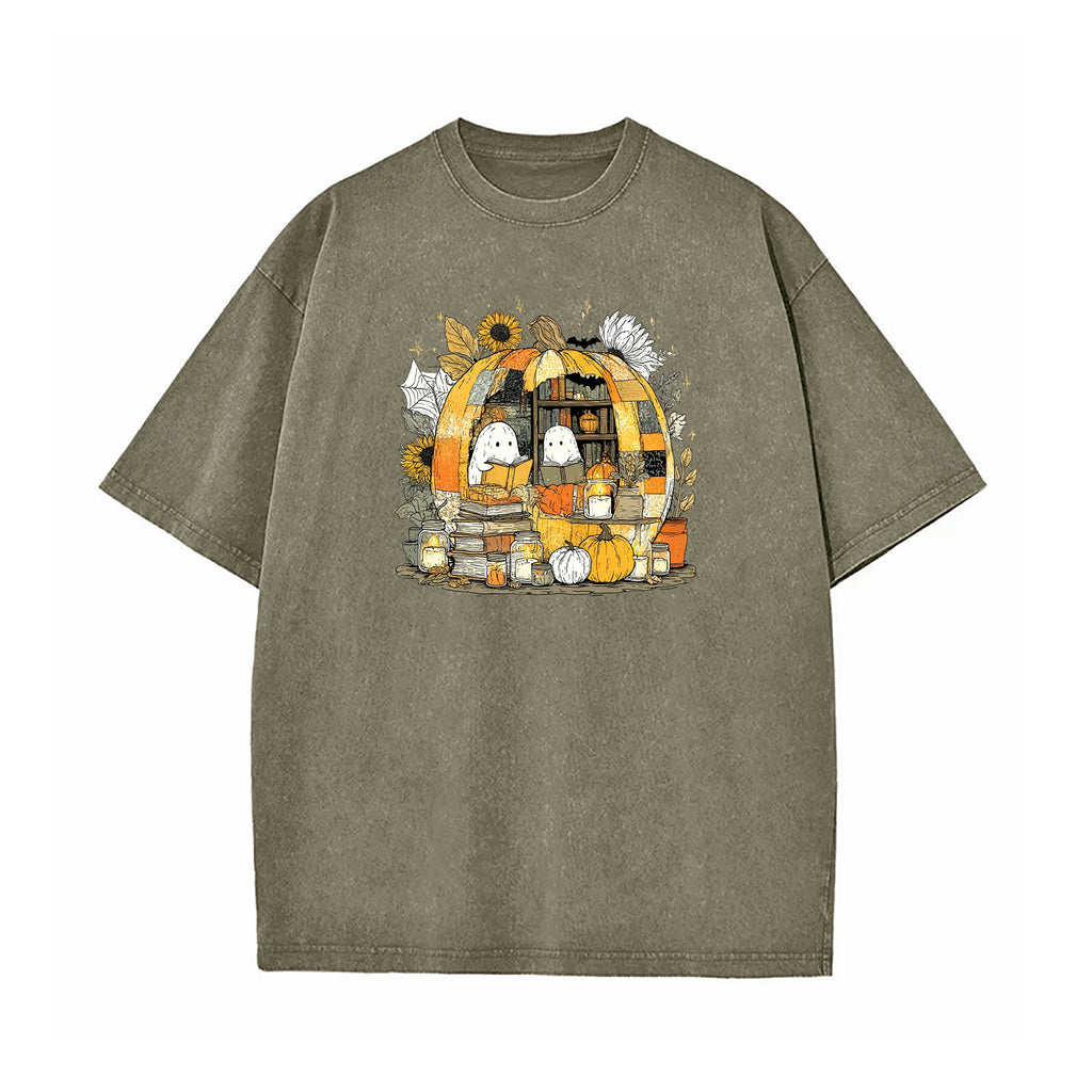 Reading Ghost in Pumpkin Bookshelf Washed T-Shirt