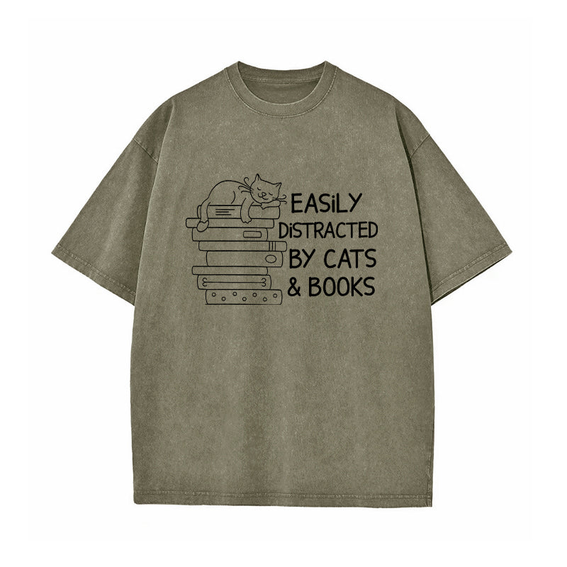 Easily Distracted By Cats And Books Washed T-Shirt