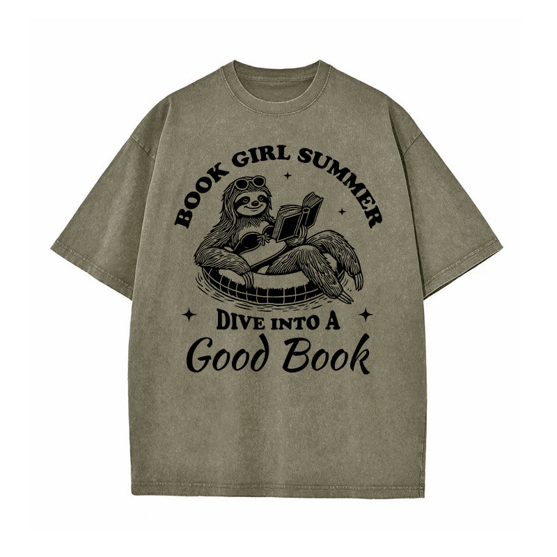 Book Girl Summer Dive Into A Good Book Washed T-Shirt