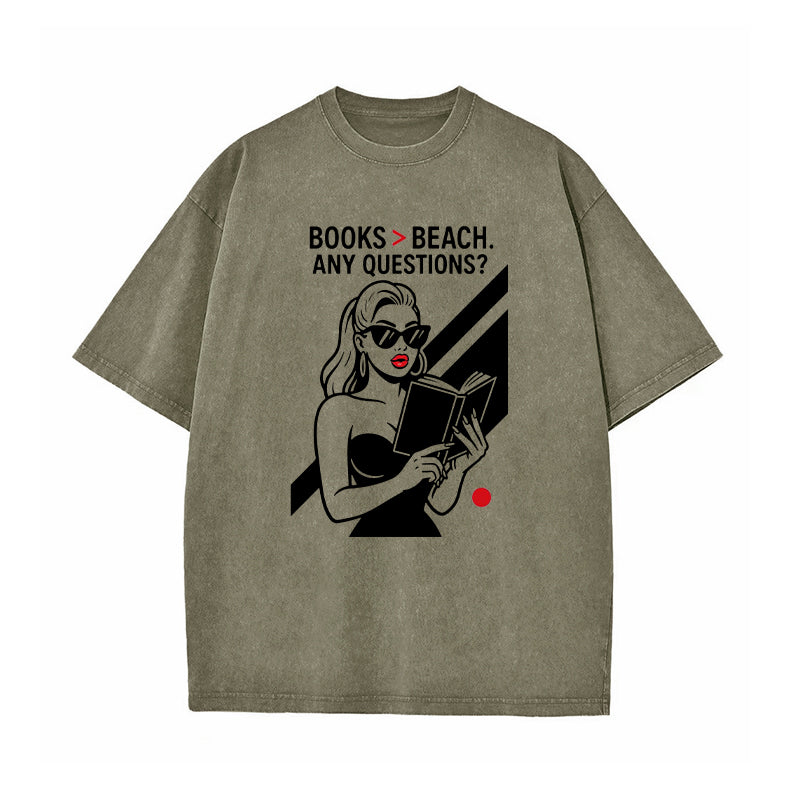 Books Over Beach Funny Reading Girl Washed T-Shirt