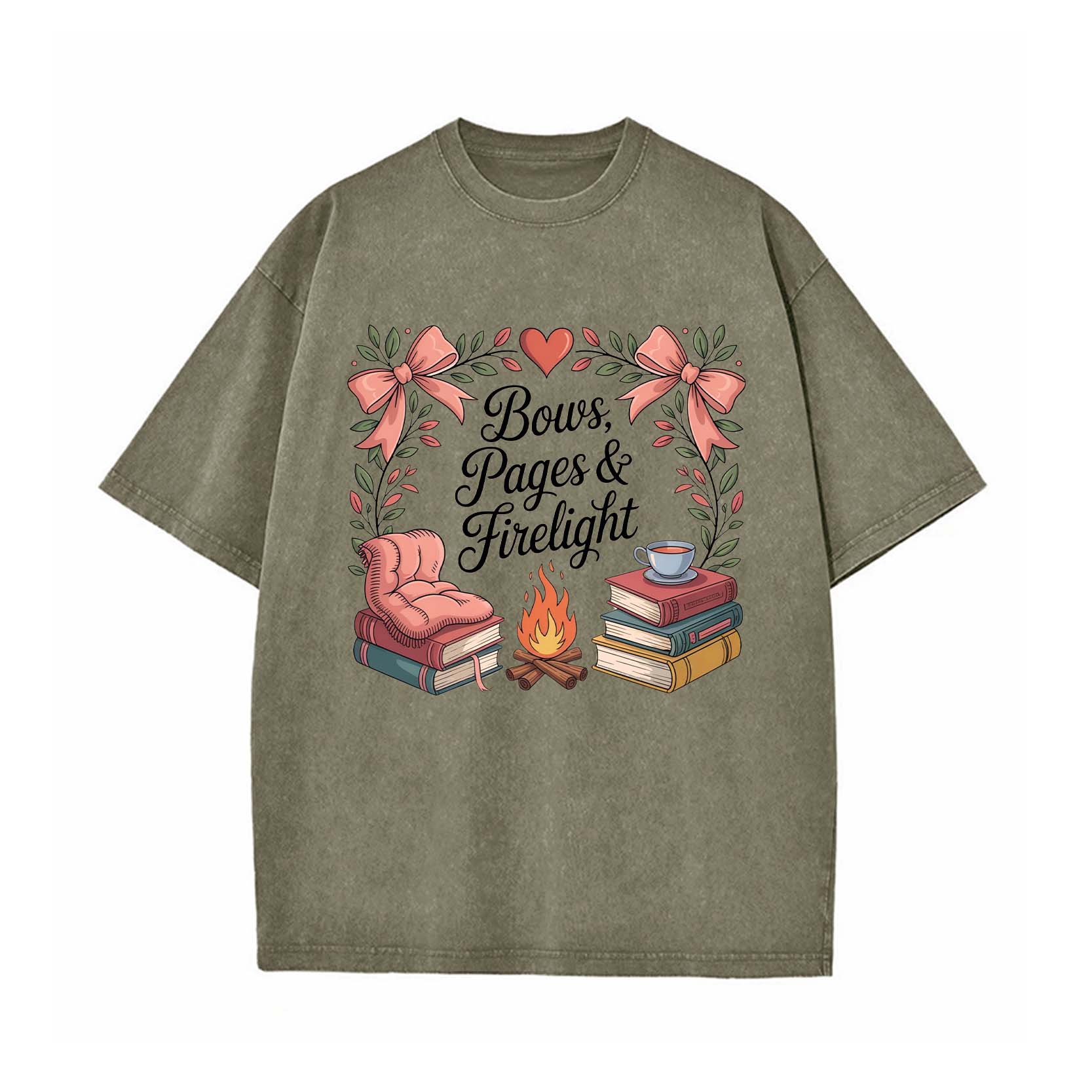 Cozy Bookish Campfire: Bows, Pages & Firelight T-shirt