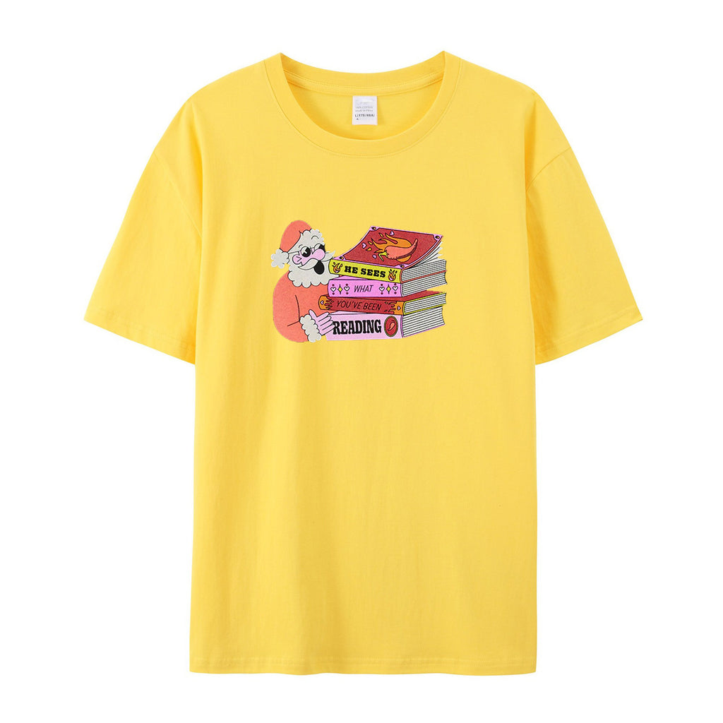 Santa: He Sees What You've Been Reading cotton T-shirts