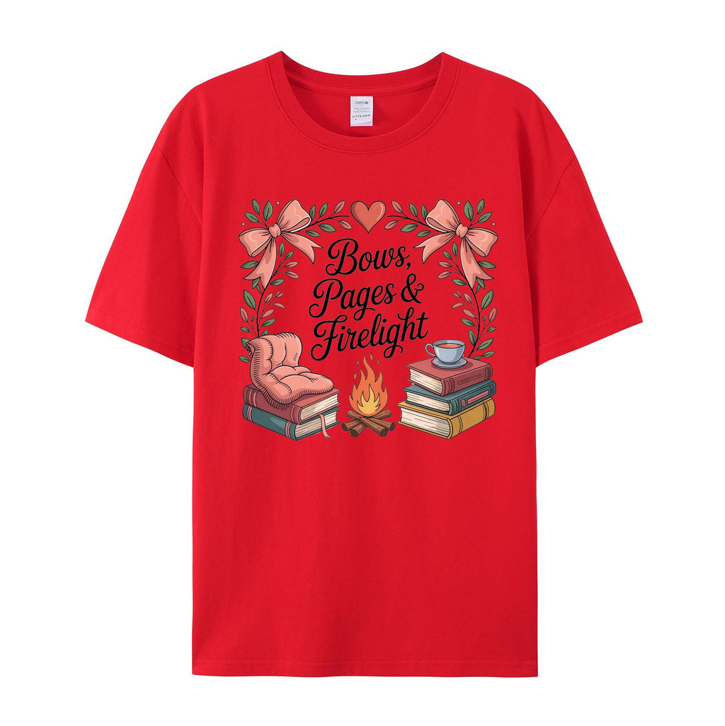 Cozy Bookish Campfire: Bows, Pages & Firelight cotton T-Shirt