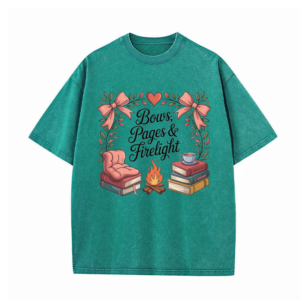 Cozy Bookish Campfire: Bows, Pages & Firelight T-shirt