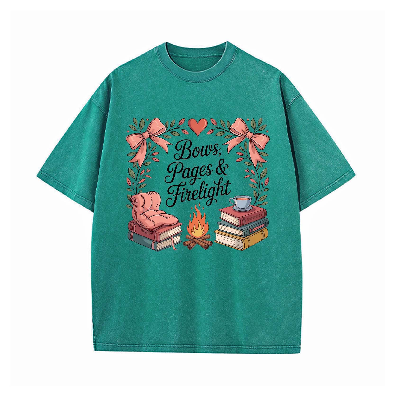 Cozy Bookish Campfire: Bows, Pages & Firelight T-shirt