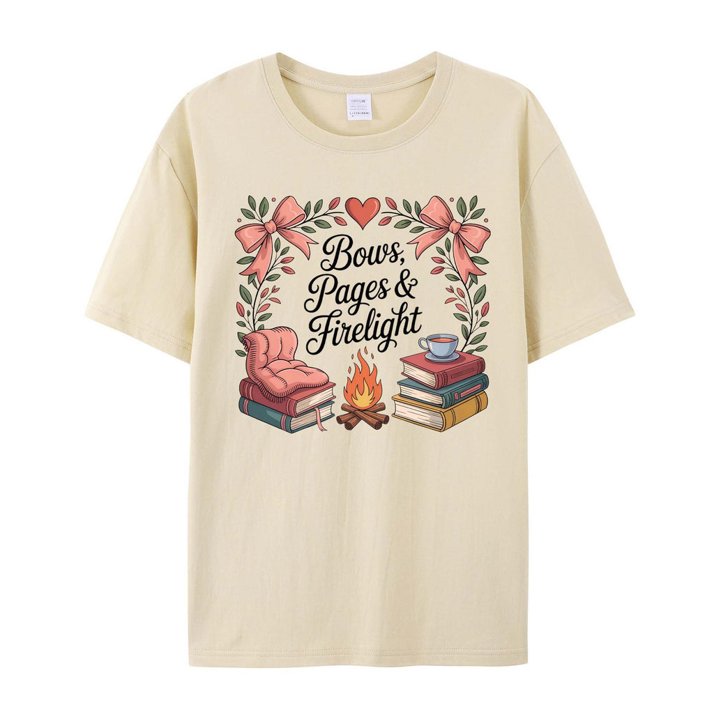 Cozy Bookish Campfire: Bows, Pages & Firelight cotton T-Shirt